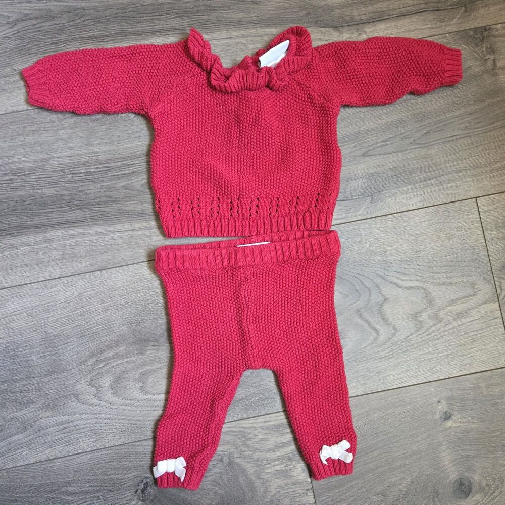 Nicole Miller Baby Girl 0-3M Red Knit Sweater Set Ruffle Collar Bow Pants Cotton